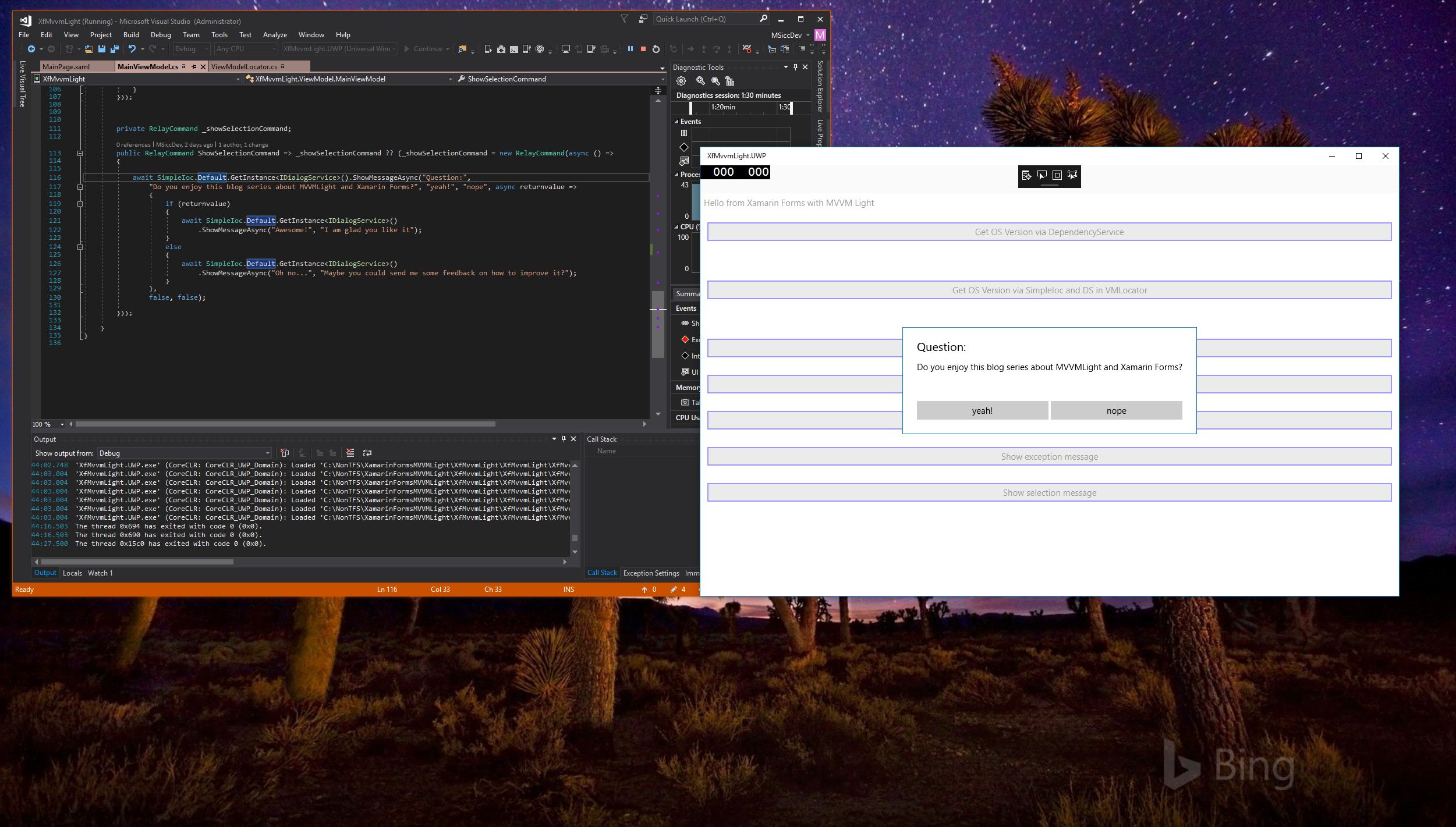 Xamarin Forms, the MVVMLight Toolkit and I: showing dialog messages